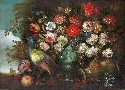 Andrea Boscoli Stilleben med blommor och pafagel oil painting